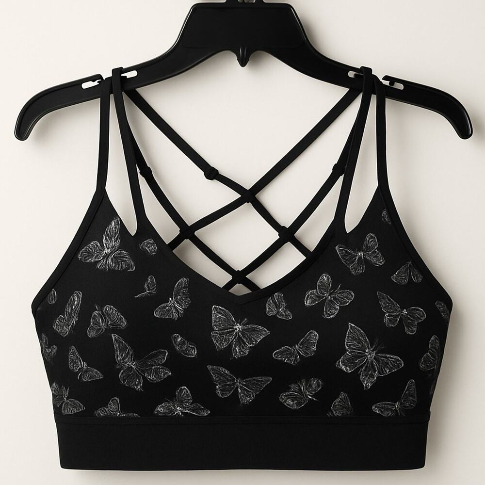 VS Pink Active Ultimate Lightly Lined Sports Bra Blue Butterflies Sz Medium New
